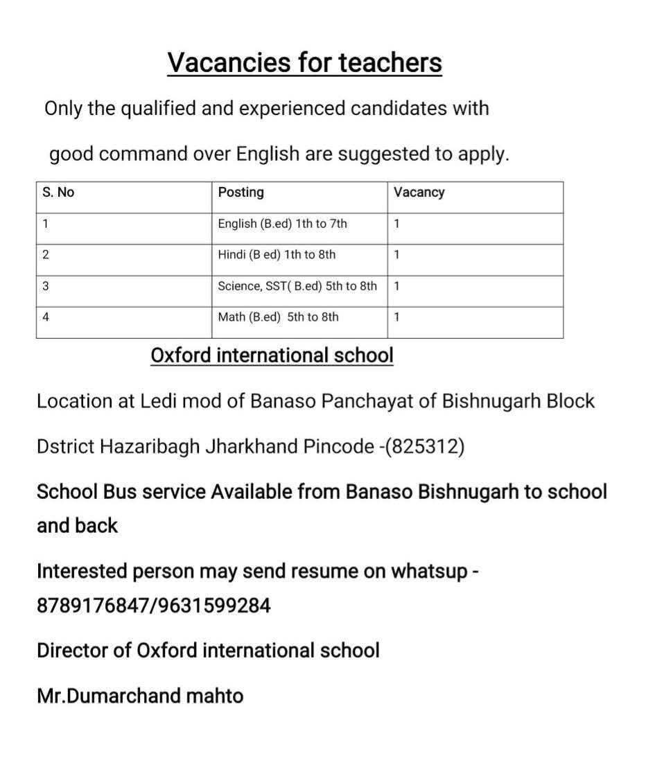 School Jobs at  Oxford International School ,  Hazaribag